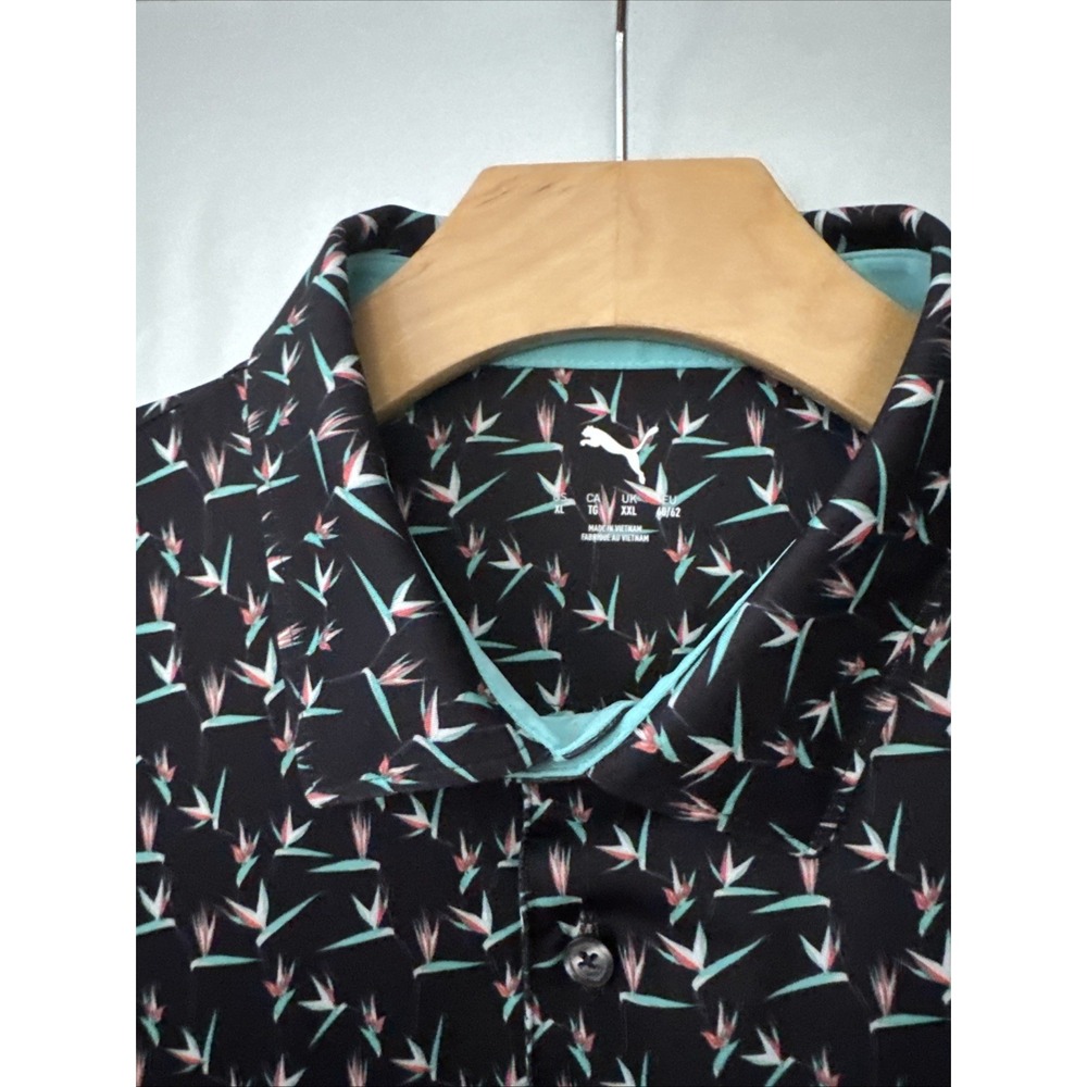 Puma Golf Polo Black XL Birds Of Paradise Floral Hawaiian Performance Preppy